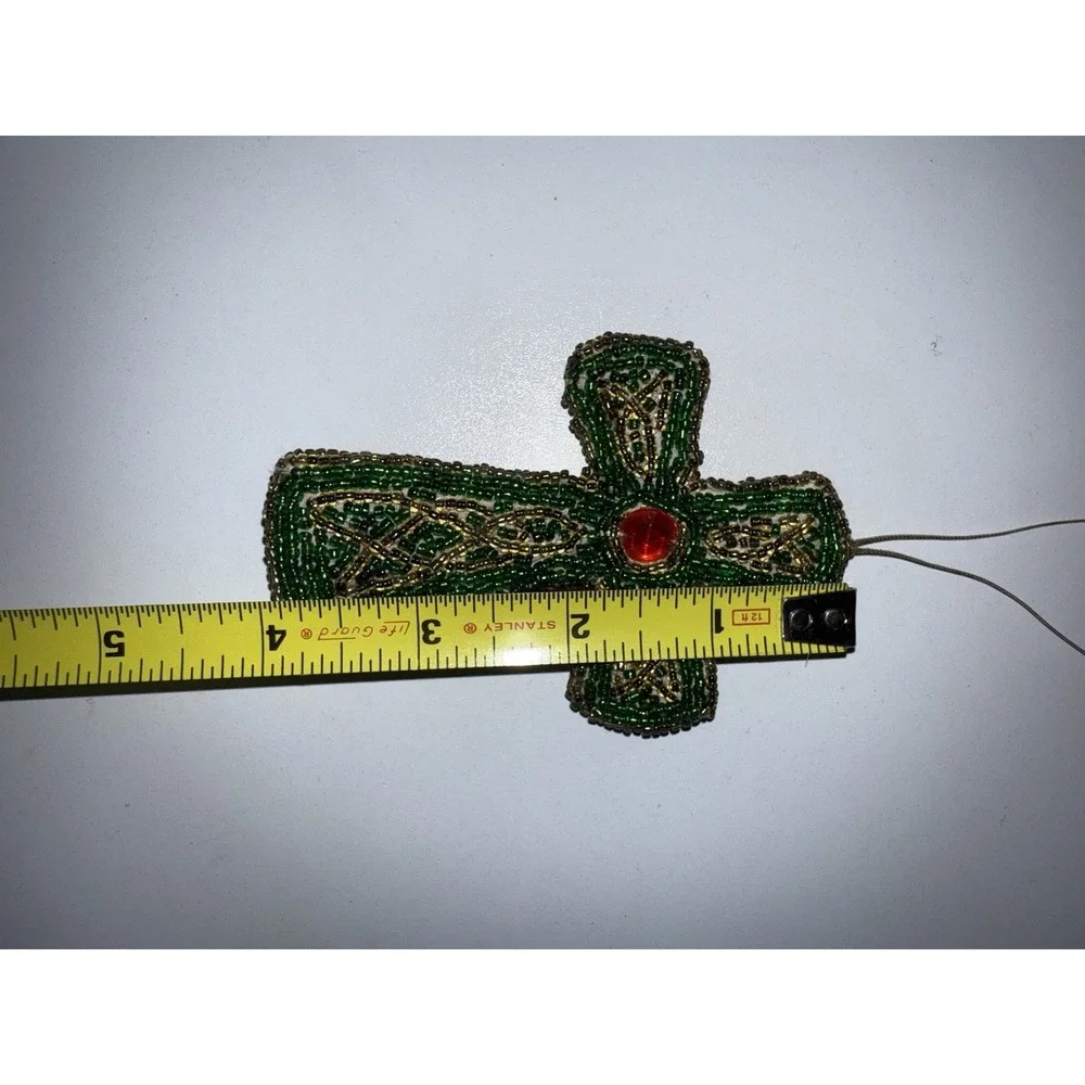 Vintage Double Sided Glass Beaded Red Cross Pillow‎ Ornament P